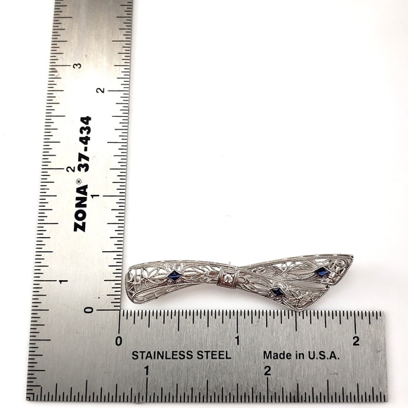 14 Karat White Gold Filigree Sapphire & Diamond Bow Brooch #20073 - Picture 6 of 6